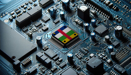 An intricate microchip with the CAR flag embedded, representing the innovation and technological advancements of the Central African Republic in the field of electronics and microtechnology