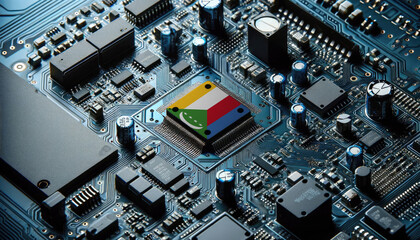 An intricate microchip with the Comoros flag embedded, representing the innovation and technological advancements of the Comoros in the field of electronics and microtechnology