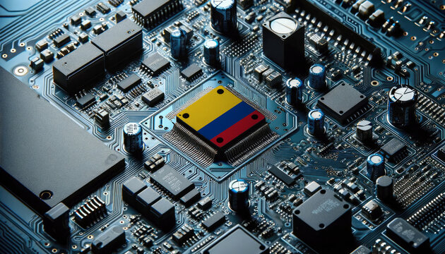 An intricate microchip with the Colombia flag embedded, representing the innovation and technological advancements of the Colombia in the field of electronics and microtechnology