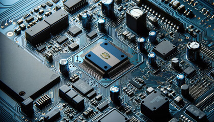 An intricate microchip with the Guatemala flag embedded, representing the innovation and technological advancements of the Guatemala in the field of electronics and microtechnology