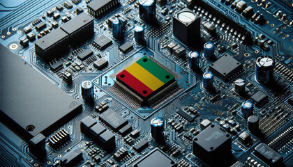 An intricate microchip with the Guinea flag embedded, representing the innovation and technological advancements of the Guinea in the field of electronics and microtechnology