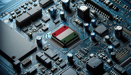 An intricate microchip with the Hungary flag embedded, representing the innovation and technological advancements of the Hungary in the field of electronics and microtechnology