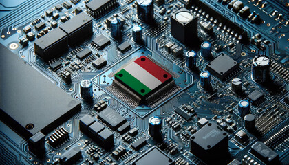 An intricate microchip with the Italy flag embedded, representing the innovation and technological advancements of the Italy in the field of electronics and microtechnology