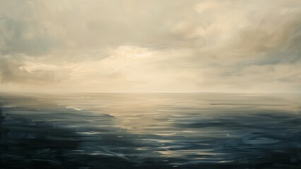 Fototapeta premium Oil Painting of a Calm Ocean Under a Cloudy Beige Sky