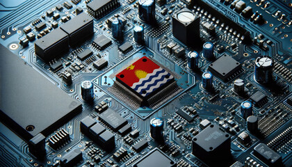 An intricate microchip with the Kiribati flag embedded, representing the innovation and technological advancements of the Kiribati in the field of electronics and microtechnology