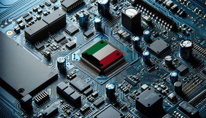 An intricate microchip with the Kuwait flag embedded, representing the innovation and technological advancements of the Kuwait in the field of electronics and microtechnology
