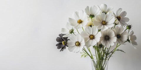 Fototapeta premium White Cosmos Bouquet in Vase Against a White Background, Flowers, White, Minimalism, Floral Arrangement