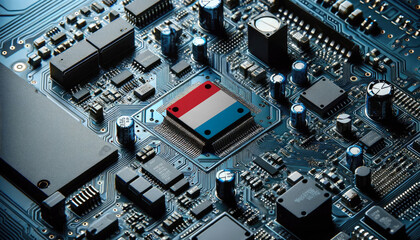 An intricate microchip with the Luxembourg flag embedded, representing the innovation and technological advancements of the Luxembourg in the field of electronics and microtechnology