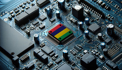 An intricate microchip with the Mauritius flag embedded, representing the innovation and technological advancements of the Mauritius in the field of electronics and microtechnology