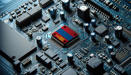 An intricate microchip with the Mongolia flag embedded, representing the innovation and technological advancements of the Mongolia in the field of electronics and microtechnology