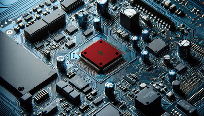 An intricate microchip with the Morocco flag embedded, representing the innovation and technological advancements of the Morocco in the field of electronics and microtechnology