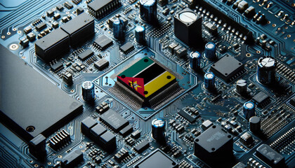 An intricate microchip with the Mozambique flag embedded, representing the innovation and technological advancements of the Mozambique in the field of electronics and microtechnology