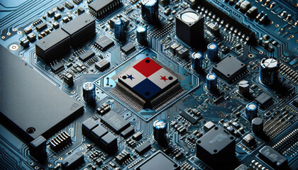 An intricate microchip with the Panama flag embedded, representing the innovation and technological advancements of the Panama in the field of electronics and microtechnology