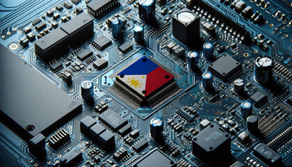 An intricate microchip with the Philippines flag embedded, representing the innovation and technological advancements of the Philippines in the field of electronics and microtechnology