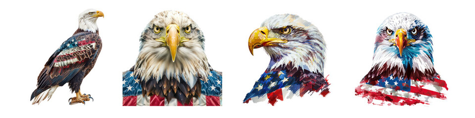 Fototapeta premium Set of American Focus Eagle abstract partial American flag isolated on transparent background