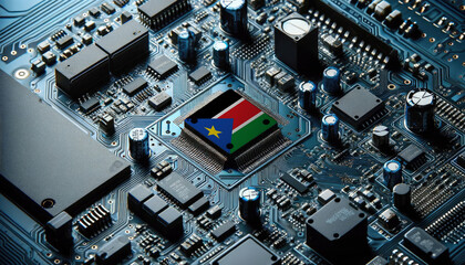 An intricate microchip with the South Sudan flag embedded, representing the innovation and technological advancements of the South Sudan in the field of electronics and microtechnology