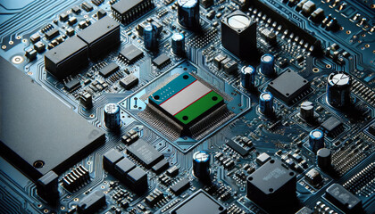 An intricate microchip with the Uzbekistan flag embedded, representing the innovation and technological advancements of the Uzbekistan in the field of electronics and microtechnology