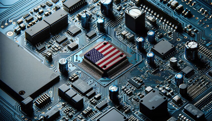 An intricate microchip with the USA flag embedded, representing the innovation and technological advancements of the USA in the field of electronics and microtechnology
