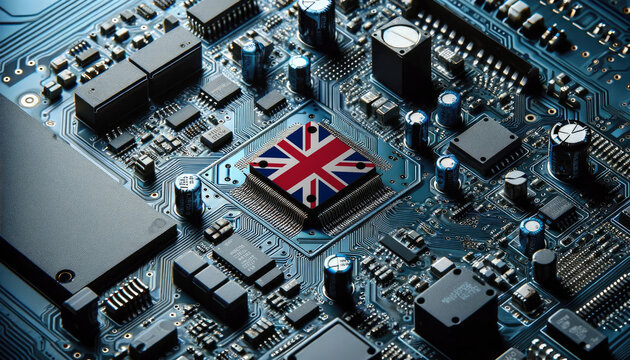 An intricate microchip with the United Kingdom flag embedded, representing the innovation and technological advancements of the United Kingdom in the field of electronics and microtechnology