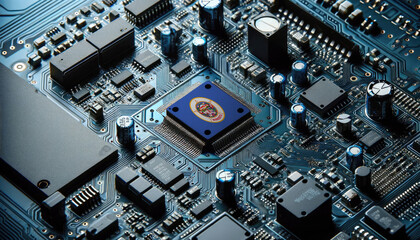 Fototapeta premium An intricate microchip with the Minnesota flag embedded, representing the innovation and technological advancements of the Minnesota in the field of electronics and microtechnology
