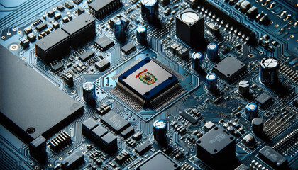 An intricate microchip with the West Virginia flag embedded, representing the innovation and technological advancements of the West Virginia in the field of electronics and microtechnology