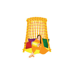 Vector cute indian couple cartoon in traditional dress posing for wedding invitation card design. Indian Floral Wedding Invitation Card template for Haldi, Mehndi, Sangeet, qawali night, dholki, Mayou