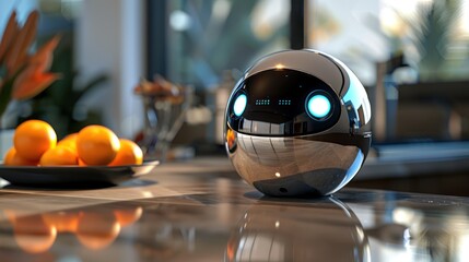 Fototapeta premium Interactive robot piggy bank with sleek silver finish, LED eyes, touch screen, coin slot on head, modern minimalist kitchen counter, high-tech ambiance.