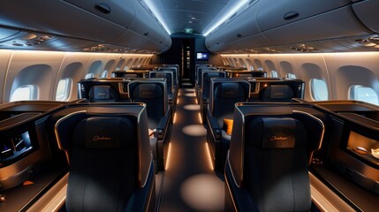 Fototapeta premium Luxurious airplane cabin with spacious seats, leather upholstery, ambient lighting, personal entertainment screens.