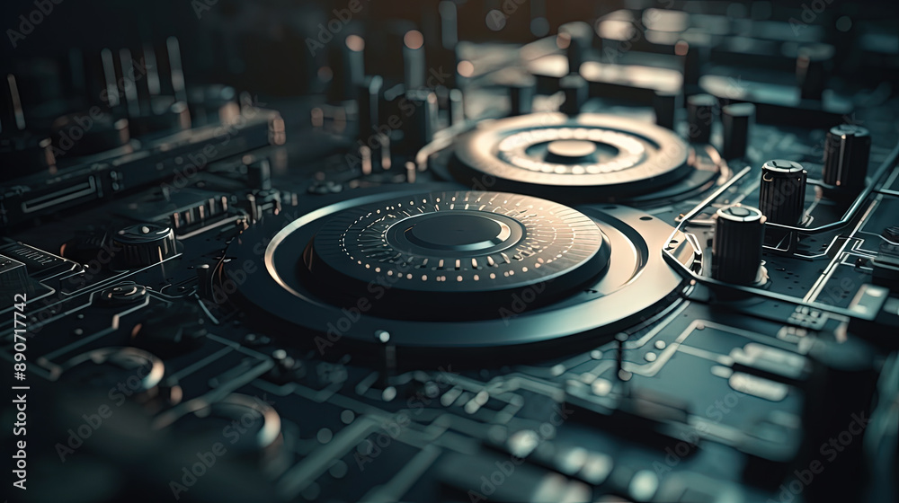 Fototapete technology abstract background with hud styled round interface elements in neon tech light.