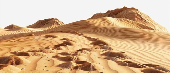 Vast desert landscape with sand dunes under clear sky, showcasing the beauty and solitude of nature's barren landforms.