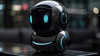 Fototapeta premium Futuristic digital coin bank robot with touch controls, holographic display, smart locking, clean metallic design, sleek black surface, tech-inspired backdrop.