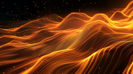 Abstract glowing golden wavy flow of energy on a dark background