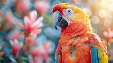 Obraz premium Vibrant Parrot Perched on Blue: 3D Rendered Portrait