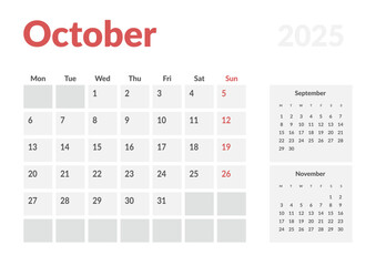 Monthly page Calendar Planner Templates of October 2025. Vector layout of simple calendar with week start Monday for print. Page for size A4 or 21x29.7 cm