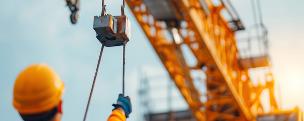A construction worker operating a crane at sunset, showcasing industrial work and safety in action.