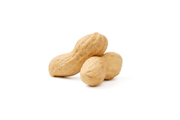 Two peanuts are sitting on a white background. The peanuts are different sizes and arranged in such a way that they do not touch each other.