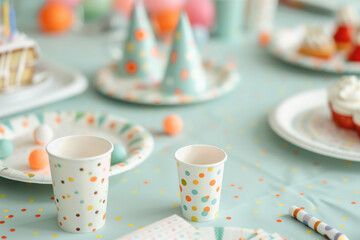 Festive table setting with colorful party decorations, cups, and treats for a cheerful celebration ambiance.