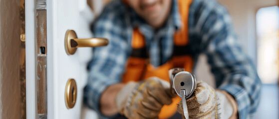A skilled handyman installs a new lock on a residential door, showcasing craftsmanship and attention to detail.