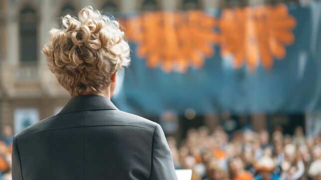 A speaker addresses an engaged audience, showcasing the energy of public speaking at a vibrant outdoor event.