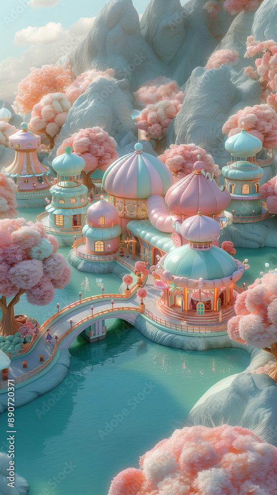 Wall mural Pink and blue fantasy pastel city. Enchanted mountain cloud landscape with palace. Wallpaper background enchanted realm kingdom 3d game world.