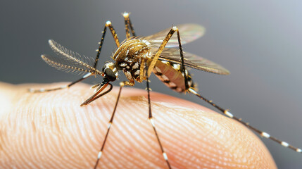 Fototapeta premium Close-up of an active mosquito perched on a finger, showcasing its intricate features and wings.