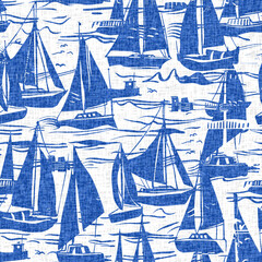 Coastal sail boat in azure ocean blue seamless background. Modern sailing race boat block print for decorative coast interior furnishing fabric for rustic linen beach cottage trend. 