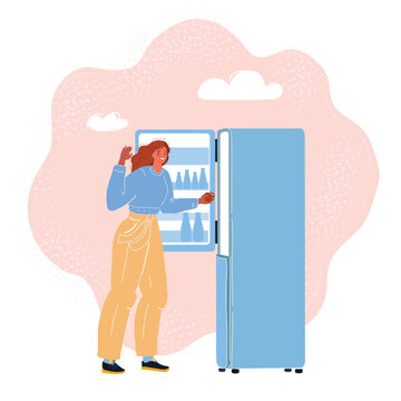 Cartoon vector illustration of woman open Fridge