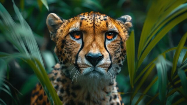 Graceful Cheetah Portrait in Lush Jungle Habitat - Powered by Adobe