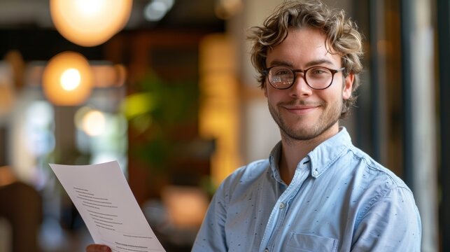 Cheerful young unshaven business man in light shirt posing in office. Achievement career wealth business concept. Mock up copy space. Hold clipboard with papers document write notes - Powered by Adobe