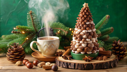 Cozy winter wonderland scene with steaming hot cocoa cup, rustic wooden Christmas tree, hazelnut, and pine cones on a lush green background, perfect for holiday designs.