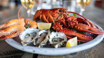 A seafood platter with lobster, shrimp, and oysters