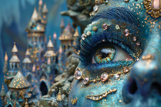Fantasy city with eyes looking over it. Magical surreal fairytale world.