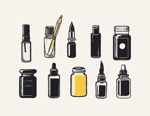 Vector illustration of different art supplies for ink drawing