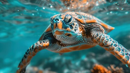 Fototapeta premium Graceful sea turtle swimming in clear blue water.